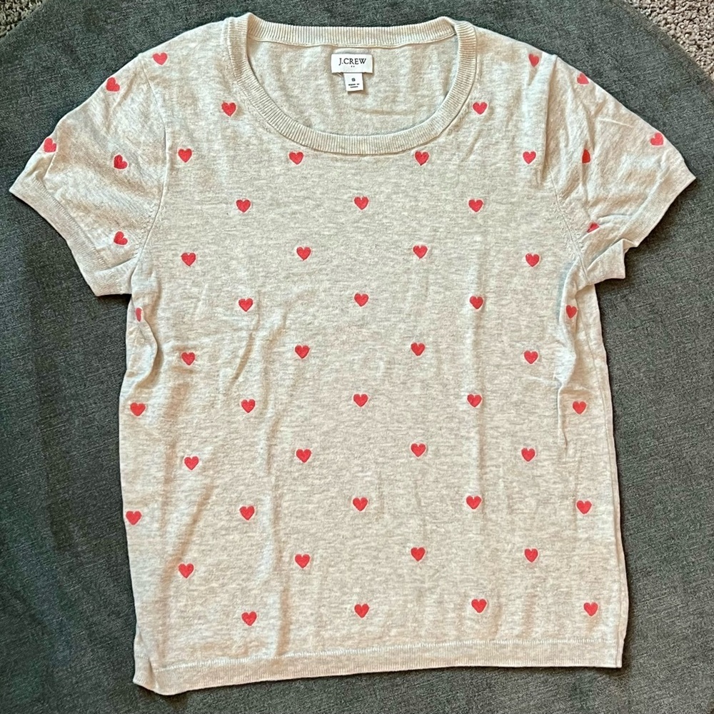 J. Crew Factory Heart Sweater Short Sleeve Gray Grey Pink Valentines Knit Shirt